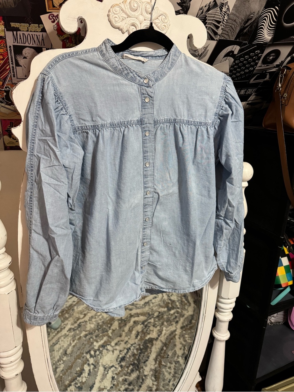 Mango Light Blue Denim Snap-Front Shirt